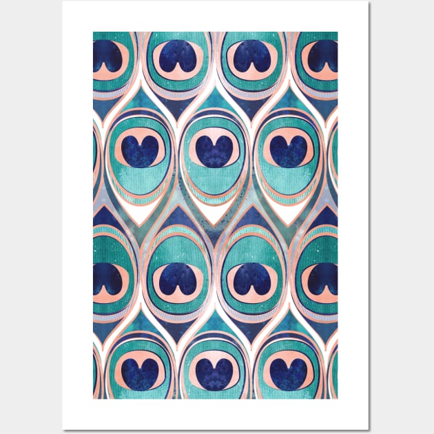 Peacock Feathers Eye // pattern // teal blue and metal coral rose Wall Art by SelmaCardoso